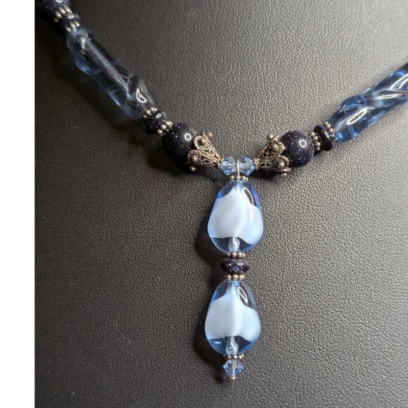 Blue Fused Glass Dangle Gold Stone Crystal Beaded 18" Necklace W/ Toggle Clasp - Picture 2 of 7